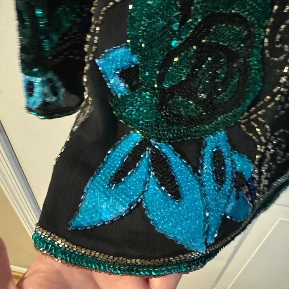 VTG Scala Beaded Silk Blouse Long Sleeve Elegant Party Sparkle Top Blue Purple - Picture 9 of 16